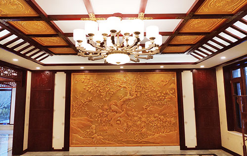 东英镇中式别墅客厅中式木作横梁吊顶装饰展示